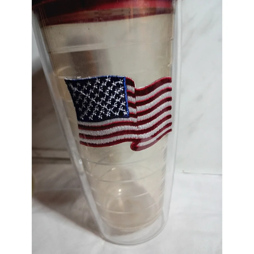 American Tumbler 22oz USA Flag Insulated Travel Mug Red Lid Patriotic Clear Cup